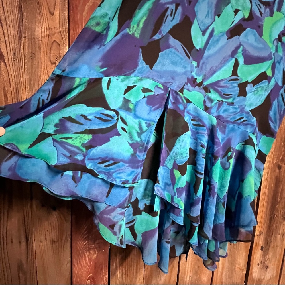 Chicos Sz 2 100% Silk Elegant Watercolor Blue Teal Floral Ruffle Maxi Dress Sz L - Picture 9 of 12
